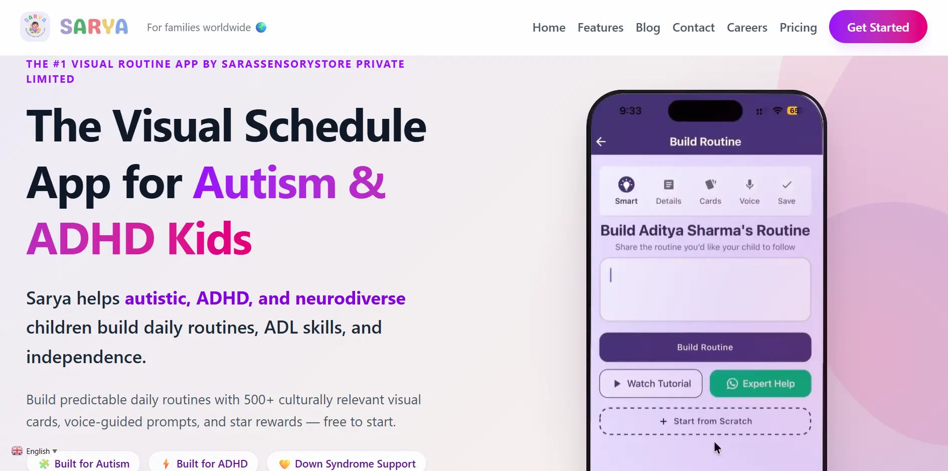 Sarya visual schedule app homepage for autism and ADHD kids